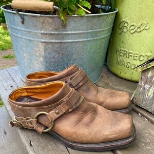 Frye Square Toe Belted/ Harness Biker Mules Natural Tobacco  Brown 9.5